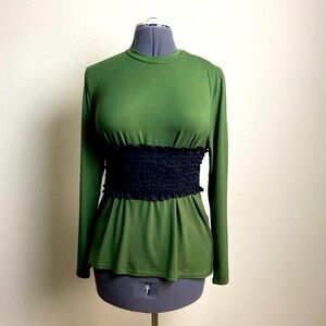 SIMLU XL 10-12 Casual Crew Neck Long Sleeve Smock Waist Ruffled Olive Tee